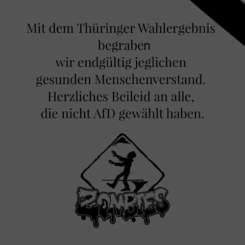 Posting mit folgendem Inhalt: Mit dem Thüringer Wahlergebnis begraben wir endgültig jeglichen gesunden Menschenverstand. Herzliches Beileid an alle, die nicht AfD gewählt haben. Unterhalb ist ein Zombie zu sehen. 