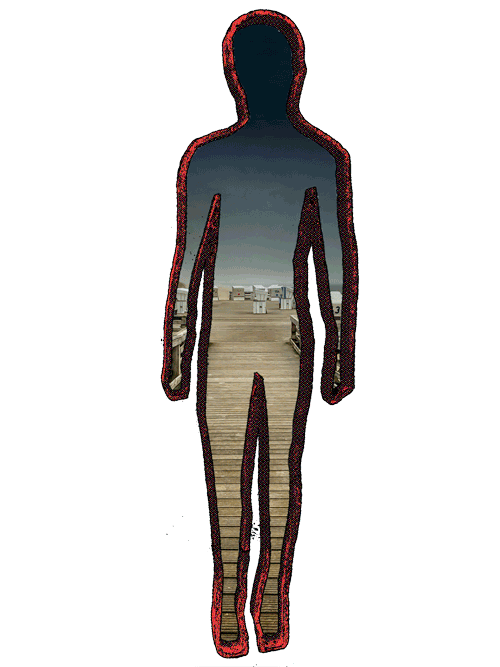 Digitale Kunst, quasi eine schnelle Abfolge von einer Figur. Innerhalb dieser Figur ist ein Steg am Strand zu sehen.